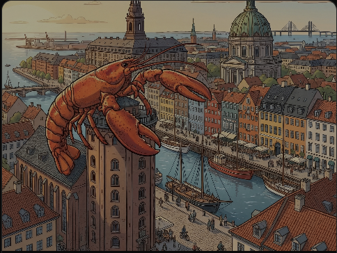 Illustrated scene: a giant cartoon lobster perched over a European waterfront skyline with a domed church and a long bridge in the distance, framed by colourful harbour buildings and sailing ships, all in warm golden-hour tones.