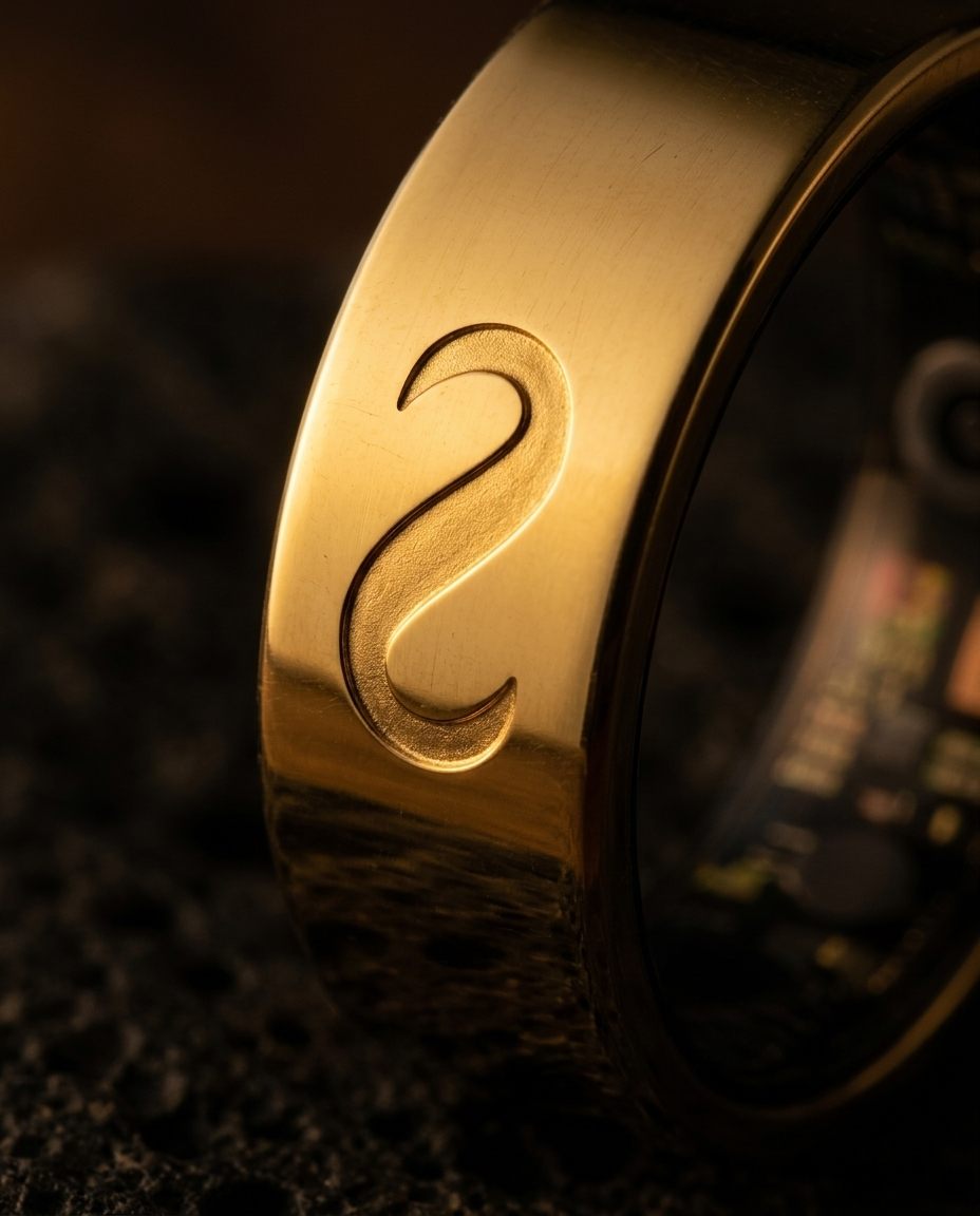 Harmony Ring — brushed gold, logo engraving macro