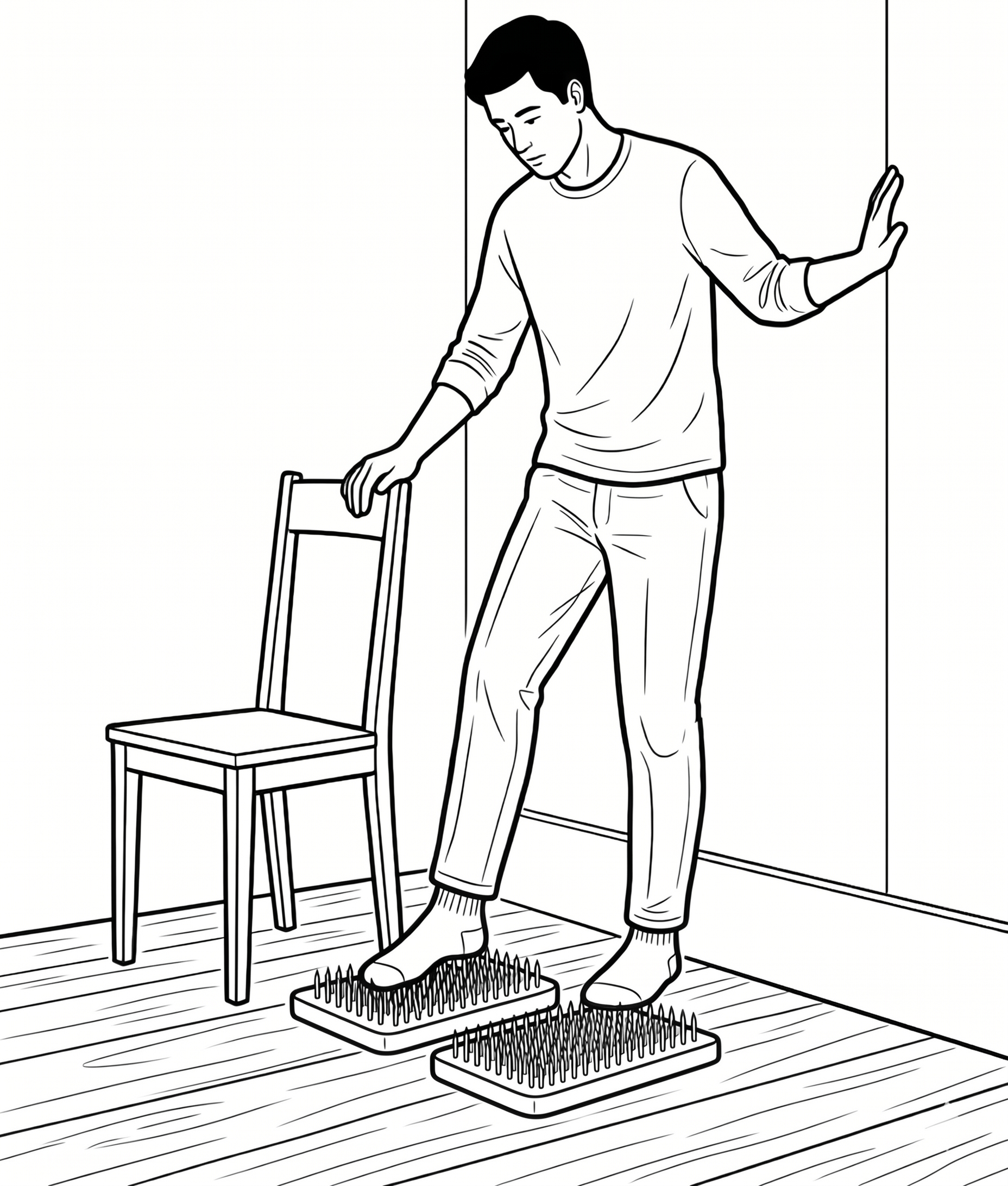 Step one: socks on, one hand on a chair and one on the wall