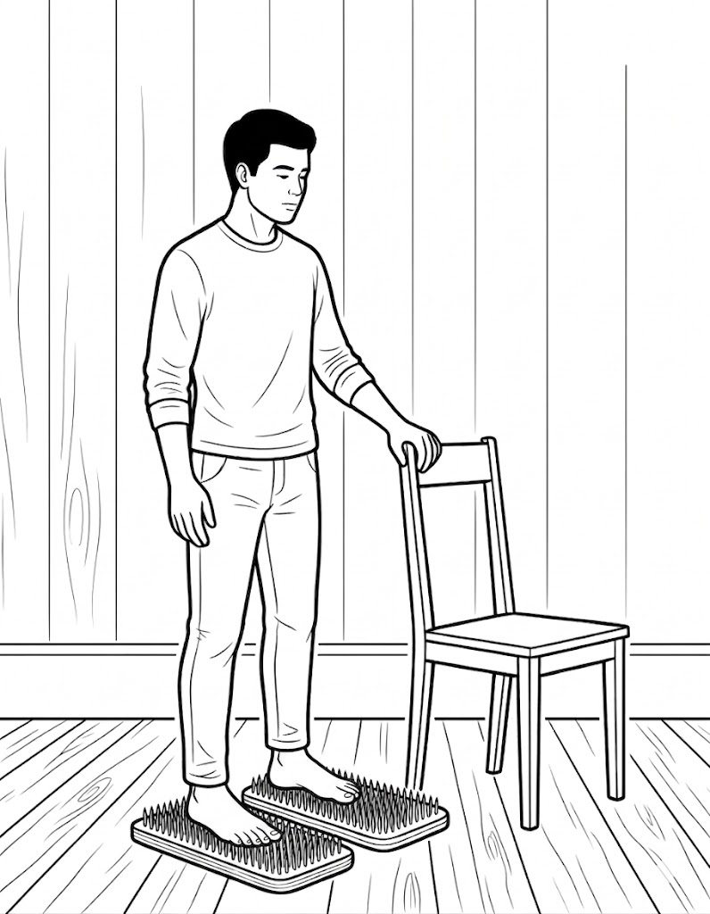 Step two: barefoot on the board, one hand on a chair